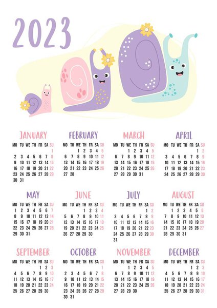 Calendar for 2023 with happy family of cute snails. Vector illustration. Vertical Template for 12 months in English. The week starts on Monday. Stationery, printing, organizer, decor