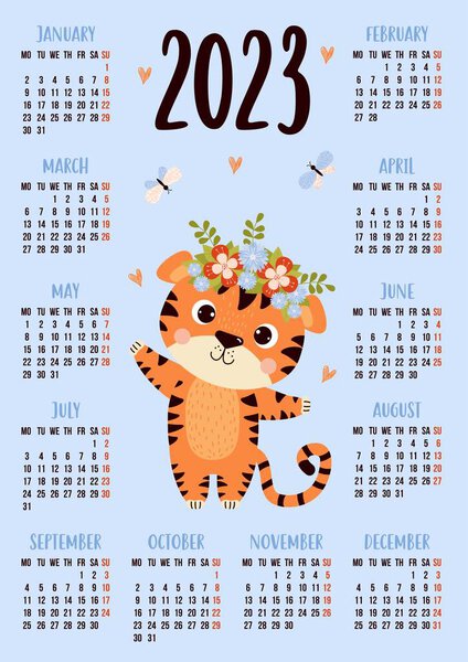 Annual calendar for 2023 with happy cute tiger with butterflies. Vector vertical template for 12 months in English. Week starts on Monday. Stationery, printing, organizer, decor, kids collection