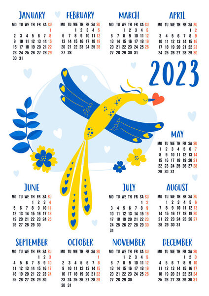 Yearly calendar for 2023 with decorative yellow and blue good luck bird with heart and flowers. Vector illustration. Vertical template for 12 months in English. week starts on Monday. Stationery