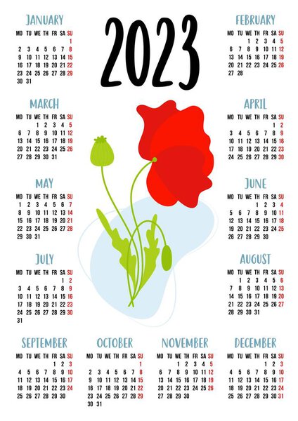 Calendar for 2023 with beautiful red poppy flower. Vector illustration. Vertical calendar template for 12 months in English. Week starts on Monday. Stationery, printing, organizer, decor