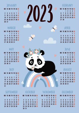Vertical annual calendar for 2023 for 12 months with cute panda on rainbow. Vector illustration. Vertical template in English. The week starts on Monday. Stationery, printing, organizer, decor