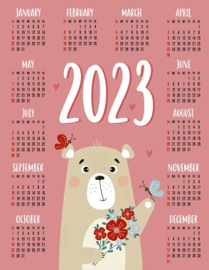 Calendar for 2023 with cute bear with bouquet of flowers and butterflies. Vector illustration. Vertical template for 12 months in English. Week on Sunday. Stationery, printing, organizer, decor