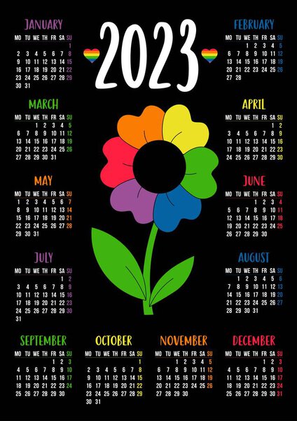 Calendar for 2023 with LGBTQ Symbol flower with rainbow petals. LGBT flag Rainbow colors. Vector illustration. Vertical template for 12 months English. week starts on Monday. Stationery, print, decor