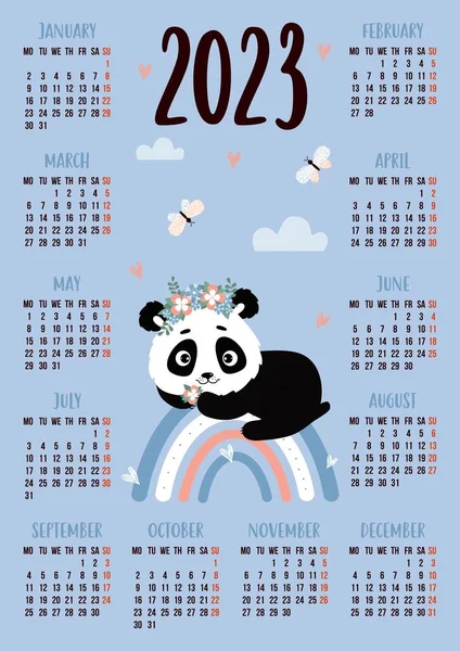 Vertical Annual Calendar 2023 Months Cute Panda Rainbow Vector Illustration — Stock vektor