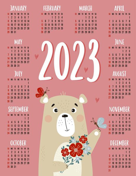 Calendar for 2023 with cute bear with bouquet of flowers and butterflies. Vector illustration. Vertical template for 12 months in English. Week on Sunday. Stationery, printing, organizer, decor
