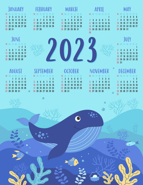 Calendar for 2023 with cute blue whale and beautiful underwater landscape. Vector illustration. Vertical template for 12 months, English. week on Sunday. Stationery, printing, decor. sea background