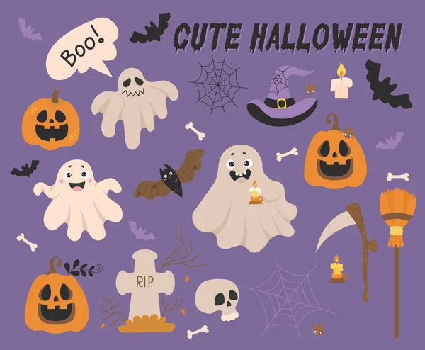 Clipart Cute Halloween Holiday Characters Jack Pumpkin Spider Bat Ghost — Stok Vektör