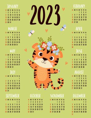Annual calendar for 2023 with happy cute tiger with butterflies. Vector vertical template for 12 months in English. Week starts on Sunday. Stationery, printing, organizer, decor, kids collection