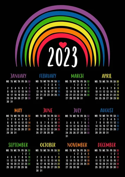 Calendar 2023 Lgbtq Symbol Rainbow Lgbt Flag Rainbow Colors Vector — Vector de stock