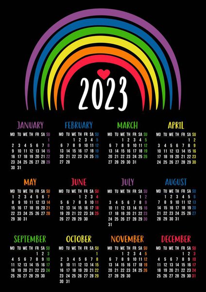 Calendar 2023 with LGBTQ Symbol with rainbow. LGBT flag Rainbow colors. Vector illustration. Vertical template for 12 months in English on black background. week starts on Monday. Stationery, decor