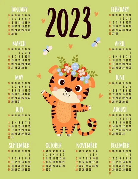 Annual Calendar 2023 Happy Cute Tiger Butterflies Vector Vertical Template — Wektor stockowy