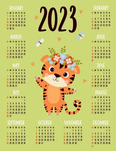 Annual calendar for 2023 with happy cute tiger with butterflies. Vector vertical template for 12 months in English. Week starts on Sunday. Stationery, printing, organizer, decor, kids collection