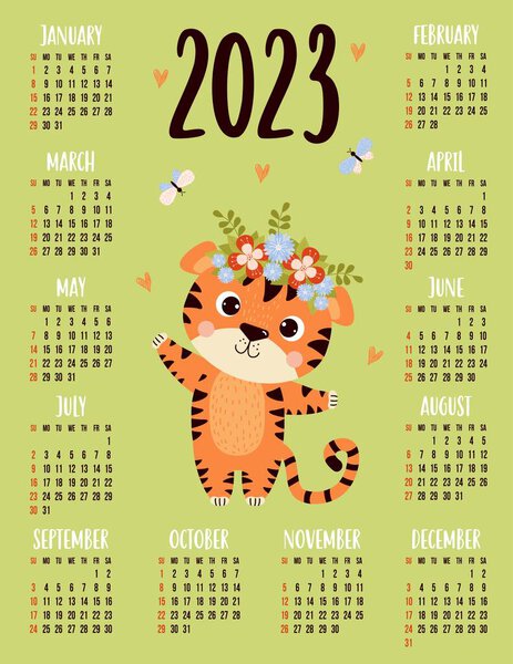 Annual calendar for 2023 with happy cute tiger with butterflies. Vector vertical template for 12 months in English. Week starts on Sunday. Stationery, printing, organizer, decor, kids collection