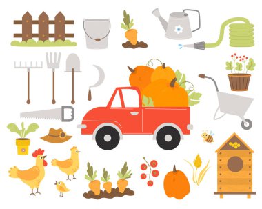 Farming big collection. Pumpkin truck, garden tools, rooster and hen, beehive and bee, carrot patch, wooden fence, straw hat and pumpkin, tomatoes and grains. Vector illustration. isolated elements