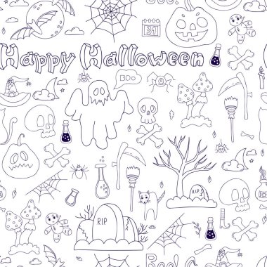 Seamless pattern Happy Halloween. Linear hand drawn doodles pumpkin Jack, ghost, grave, skull with crossbones and full moon with bats, scythe and broom on white background. Vector illustration