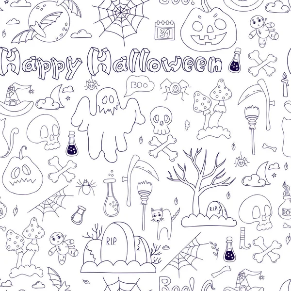 Seamless Pattern Happy Halloween Linear Hand Drawn Doodles Pumpkin Jack — Archivo Imágenes Vectoriales