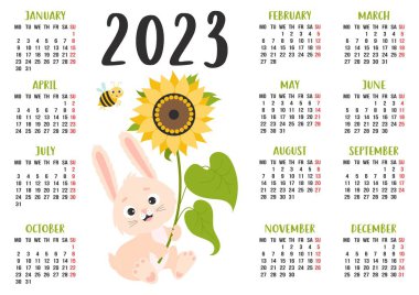 Horizontal calendar for 2023 with rabbit symbol of year to eastern horoscope. Cute bunny with sunflower. Vector illustration. Template for 12 months in English. Week from Monday. 2023 Year of Rabbit