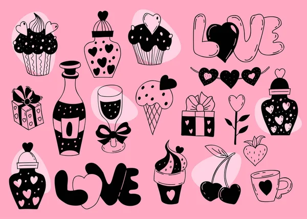 Collection Love Doodle Cakes Champagne Glass Garland Hearts Ice Cream —  Vetores de Stock