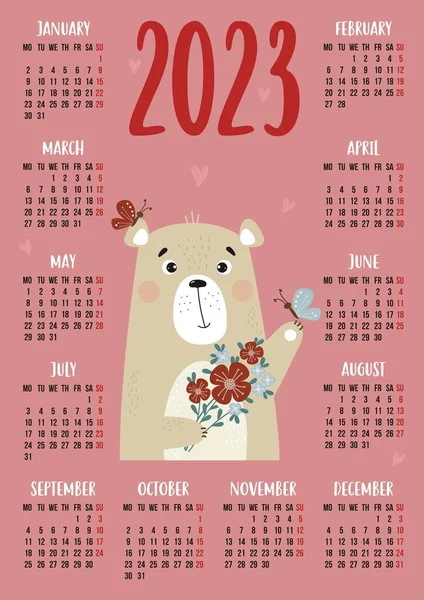 Calendar 2023 Cute Bear Bouquet Flowers Butterflies Vector Illustration Vertical — Archivo Imágenes Vectoriales