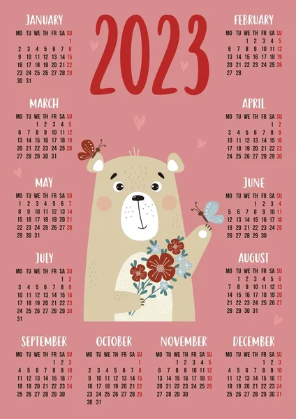 Calendar for 2023 with cute bear with bouquet of flowers and butterflies. Vector illustration. Vertical template for 12 month in English. Week starts on Monday. Stationery, printing, organizer, decor