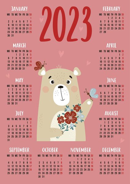 Calendar for 2023 with cute bear with bouquet of flowers and butterflies. Vector illustration. Vertical template for 12 month in English. Week starts on Monday. Stationery, printing, organizer, decor
