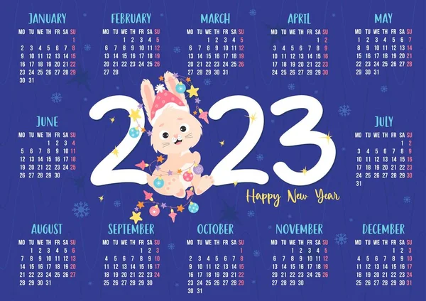 Calendar 2023 Cute Rabbit Santa Hat New Years Garland Bunny — Stock Vector
