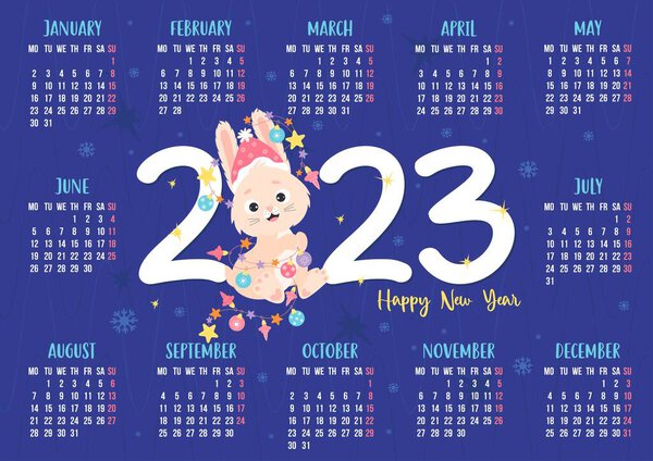 Calendar 2023 with cute rabbit in Santa hat and with New Years garland. Bunny symbol of year to eastern horoscope. Vector illustration. horizontal template for 12 months in English. Week from Monday