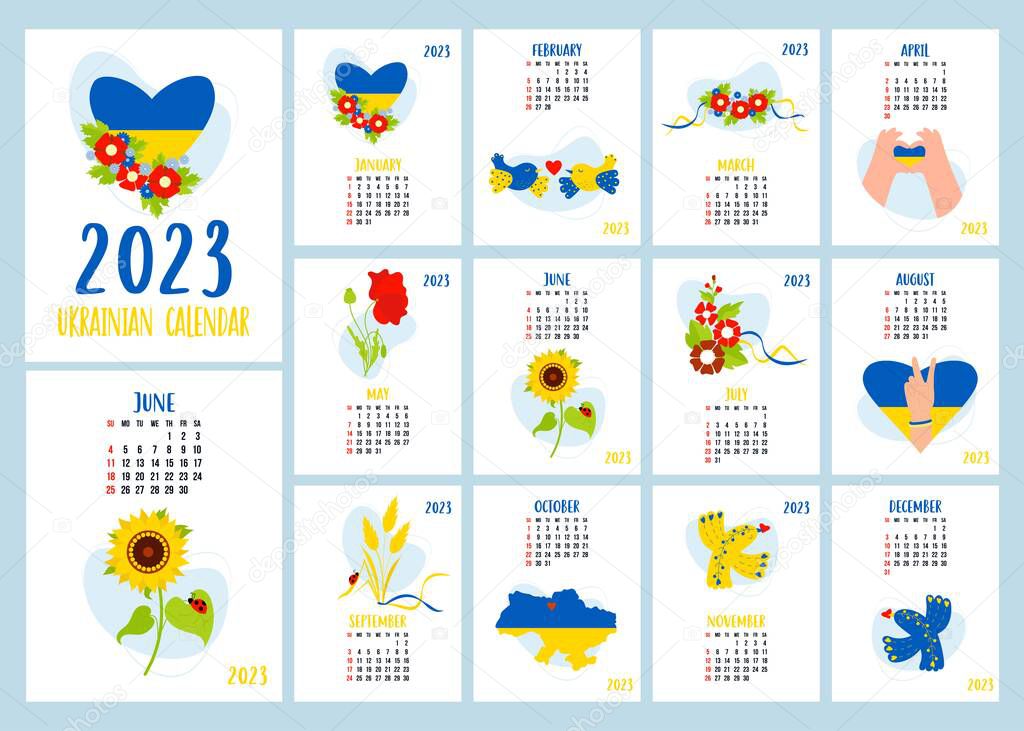 Calendar template 2023 with Ukrainian symbols, flowers, birds and yellow blue flag and map of Ukraine. Vertical set of 12 pages and cover in English. Vector illustration. Week from Sunday. Stationery