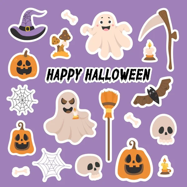 Collection Vector Stickers Happy Halloween Cute Characters Jack Pumpkin Spider — ストックベクタ