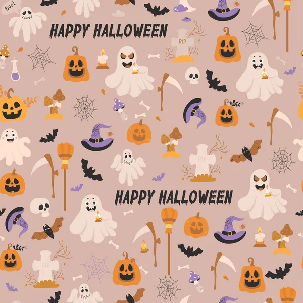 Cute Happy Halloween Background Seamless Pattern Lantern Jack Pumpkin Ghost — Stock Vector