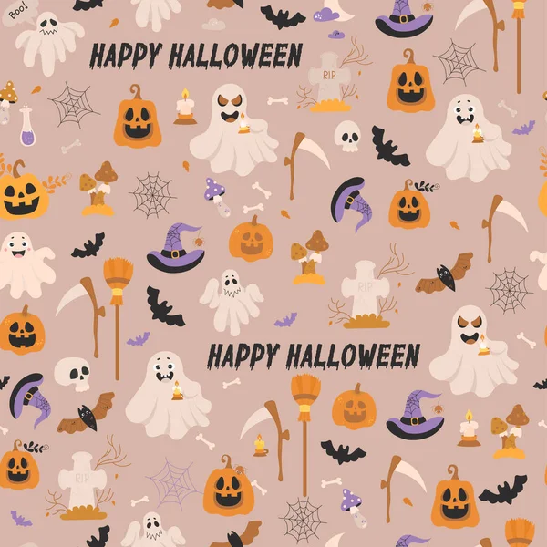 Cute happy Halloween background. Seamless pattern with lantern Jack pumpkin, ghost with candle, bats, scythe and broom, cobweb and witch hat with spider on gray background. Vector illustration
