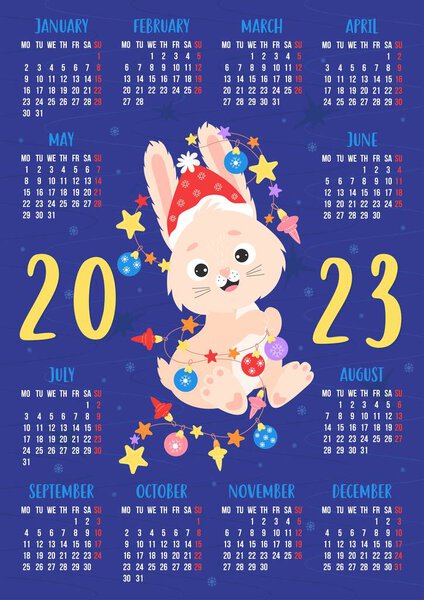 Calendar 2023 with cute rabbit in Santa hat and with New Years garland. Bunny is symbol of year to eastern horoscope. Vector illustration. Vertical template for 12 months in English. Week from Monday