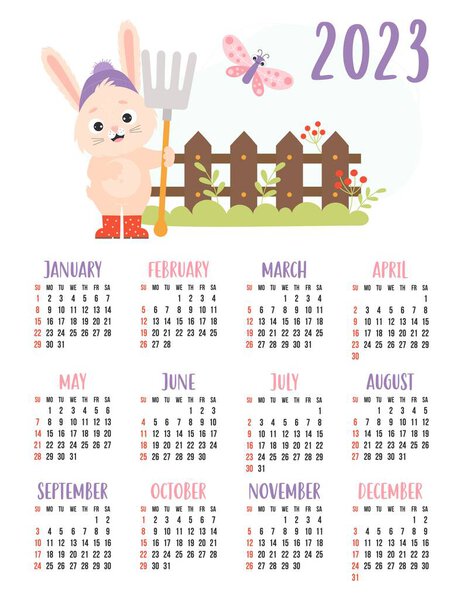 Calendar 2023 with cute rabbit farmer with rake, fence and butterfly. Bunny is symbol of 2023 to eastern horoscope. Vector illustration. Vertical template 12 months in English. Week starts on Sunday
