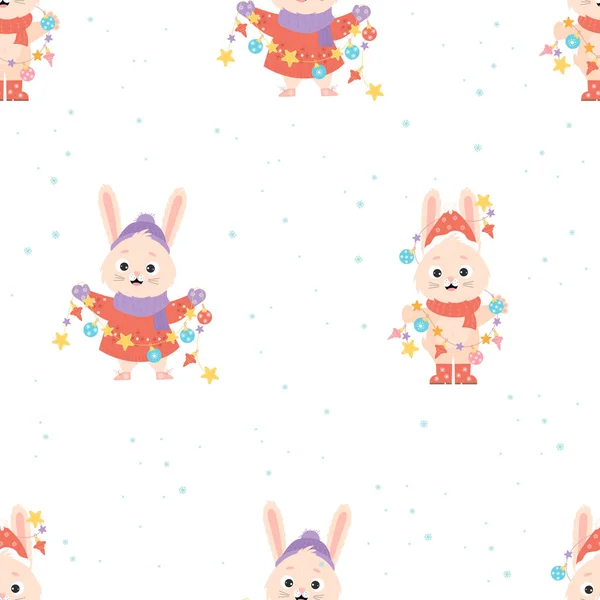Seamless pattern with symbol of 2023 year. Cute rabbits with Christmas garland and toys on white background with snowflakes. Vector illustration. 2023 Year of the Rabbit according to Eastern calendar