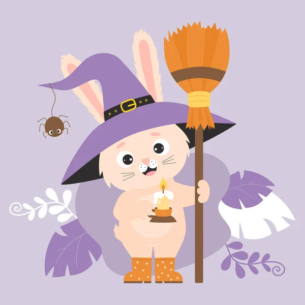 Cute Halloween Rabbit Witch Hat Spider Candle Broom Decorative Background — Stock Vector
