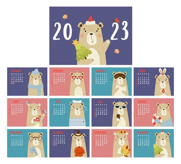 Yearly Monthly Design Calendar 2023 Cute Bear Set Pages Cover — Vetor de Stock