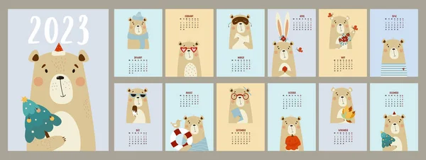Yearly Monthly Design Calendar 2023 Cute Bear Set Pages Cover — 스톡 벡터