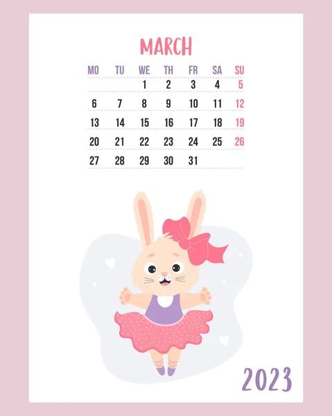 March 2023 Calendar Cute Bunny Girl Ballerina Dress Pointe Shoes — ストックベクタ