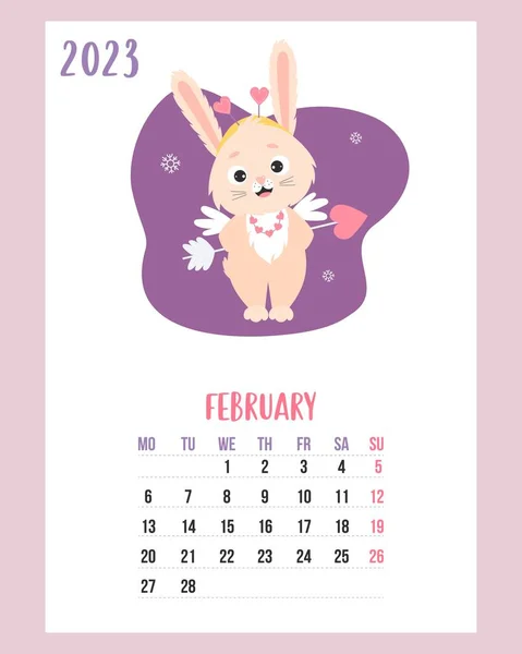 February 2023 Calendar Cute Bunny Cupid Arrow Heart Snowflakes Rabbit — Stock vektor