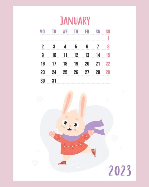 January 2023 Calendar Cute Winter Bunny Knitted Clothes Skating White — Stock Vector