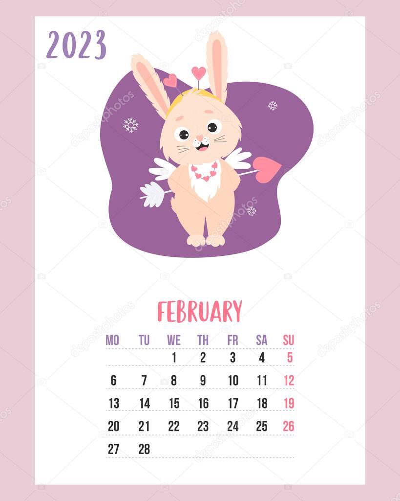 february 2023 calendar. Cute bunny cupid with an arrow heart and snowflakes. rabbit is symbol 2023 year to Chinese zodiac. Vector illustration. Vertical Template. Week from Monday In English