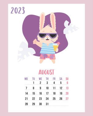 August 2023. calendar. Cute bunny in beach shorts with sunglasses with cocktail. Vector illustration. Vertical Template. Week from Monday In English. rabbit is symbol 2023 year to Chinese zodiac