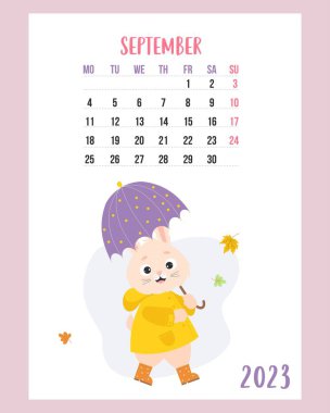 September 2023 calendar. Cute bunny under an umbrella, in raincoat and rubber boots with falling autumn leaves. Vector illustration. Vertical Template. Week from Monday. English. rabbit symbol year