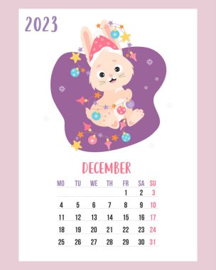 December 2023 calendar. Cute bunny in santa hat with garland and christmas balls. Vector illustration. Vertical Template. Week from Monday In English. rabbit is symbol 2023 year to Chinese zodiac