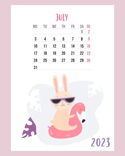 July 2023 Calendar Cute Bunny Vacation Sunglasses Floats Rubber Pink — Archivo Imágenes Vectoriales