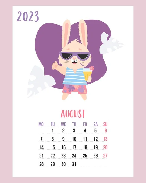 August 2023 Calendar Cute Bunny Beach Shorts Sunglasses Cocktail Vector — Stock Vector