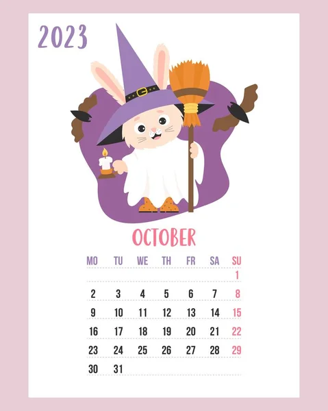 October 2023 Calendar Cute Bunny Halloween Ghost Witch Hat Broom — Stockvector