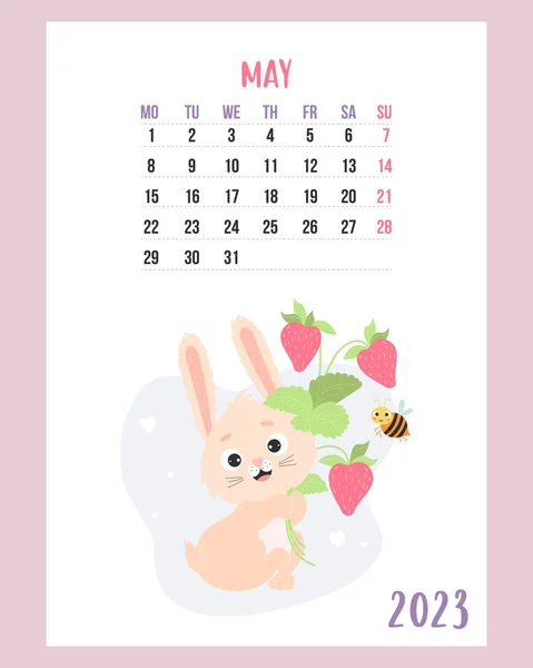 May 2023 Calendar Cute Bunny Bouquet Strawberries Funny Bee Vector — Archivo Imágenes Vectoriales