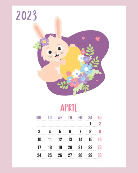 April 2023 Calendar Cute Easter Bunny Easter Egg Flowers Vector —  Vetores de Stock