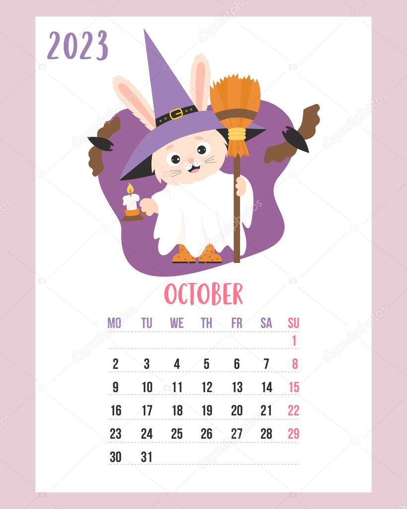 October 2023 calendar. Cute bunny Halloween ghost in witch hat, with broom, candle and bats. Vector illustration. Vertical Template. Week from Monday In English. rabbit is symbol 2023 year